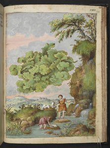 プールで衣類や毛皮を洗う地衣とウォメム、Gherardo Ciboによる「ローマ国家の植物相の絵画」から、MS 22333、f171r、c.1564-84を追加（紙に水彩とグワッシュ）