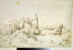 ""Un chateau perche sur une montagne" (山の景色の岩の上の城) Gherardo Cibo (1512-1600) による茶色のインクでの描画 1540 プーシキン美術館、モスクワ 作： Gherardo Cibo