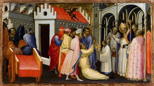アヴァロンの聖ヒュー（1140-1200）またはリンカーンの聖ヒューが悪魔に取り憑かれた男を祓う - Gherardo Starnina（c. 1364-1413）による絵画 - 1404-1407 - パネルにテンペラ - 28,4x50,4 - 。