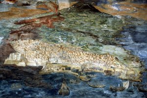 1669 年、エトナ火山の噴火により、カターニア (シチリア) の街は荒廃しました。 ジャチント・プラタニアの絵。 カターニアのドゥオーモの聖具室。 作： Giacinto Platanio