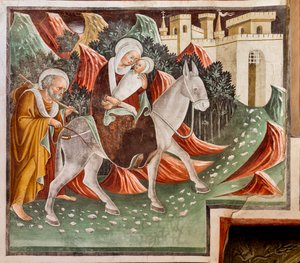 エジプトへの脱出、イエスの生涯の詳細 作： Giacomo Borlone de Buschis