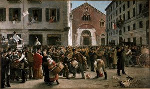 1882 年 12 月 24 日、ヴェローナ近郊の洪水の犠牲者のために、ミラノのコルソ ガリバルディでの募金活動 (絵画 作： Giacomo Campi