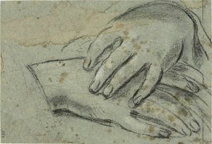 組んだ手（レクト）；ドレープで部分的に覆われた右足（裏面） 作： Giacomo Cavedone