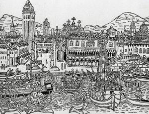 15世紀のイタリアのヴェネツィアの眺め、木版画、ジャコモ・フィリッポ・フォレスティ（1434-1520）作「Supplementumchronarum」より 作： Giacomo Filippo Foresti