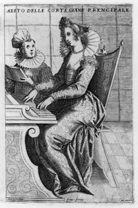 ピアノを弾く優雅なドレスを着た宮廷女官。ジャコモ・フランコ（1550-1620）による1597年頃の「Venice, uses and customs」からの版画。