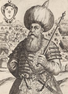 シナン・バッサ、キャップ。 マウメット・インペ軍の将軍。 トルコ人、1596年。 作： Giacomo Franco