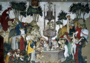 若さの泉。詳細：噴水に到着し、入浴します。 1418〜30 作： Giacomo Jaquerio