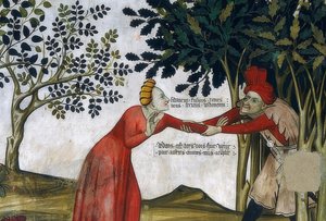 若さの泉。詳細：男性が女性を茂みに引き込みます。 1418〜30 作： Giacomo Jaquerio
