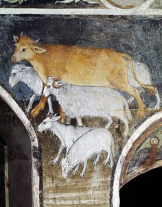 イタリア、ピエモンテ州ブッティリエラ・アルタ、ランヴェルソの聖アンソニー修道院、ジャコモ・ジャケリオ（1375-1453）によるフレスコ画の細部、家畜の動物