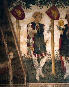 ヴァレラノとサルッツォのトーマス3世、男爵の広間のフレスコ画の細部、1410年から1430年頃（フレスコ画 作： Giacomo Jaquerio