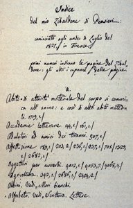 ジャコモ・レオパルディ（1798～1837）の『ジバルドーネ』（または『ペンシエリ』）の手稿のインシピット。1817-1832 作： Giacomo Leopardi