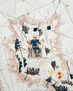 スペイン国王とヨーロッパと北アフリカの沿岸部の表現（ポルトゥラン 作： Giacomo Maggiolo