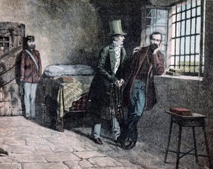 リソルジメント。「1830年にサヴォナに投獄されたイタリアの愛国者ジュゼッペ・マッツィーニ(1805-1872)は、サルデーニャ州からの脱退を促す父親と出会う」ジャコモ・マンテガッツァ(1853-1920)によるエングレーヴィング 1884年 個人蔵 作： Giacomo Mantegazza