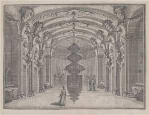 アーチ型の天井と中央の彫刻がある大広間の演劇シーン、... 1687-1717。 作： Giacomo Maria Giovannini