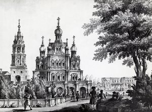 モスクワの聖母被昇天教会とガガーリン宮殿、ジャコモ・クアレンギ・ドメニコ（1744-1817）の描いた絵、版画、ロシア