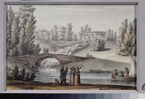アポロ神殿とパブロフスク公園 (サンクトペテルブルク) の滝。 ジャコモ アントニオ ドメニコ クアレンギ (1744-1817) の作品、紙にインクと水彩、1800 年頃。イタリア美術