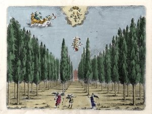 フランチェスコ・サクラティによる全5幕のオペラ「La finta pazza（La Folle supposee）」の挿絵。ヤコポ・トレッリの版画 作： Giacomo Torelli