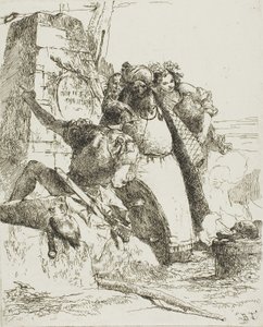 スケルツィより、魔術師、兵士、燃える頭蓋骨を見つめる 3 人の人物 作： Giambattista Tiepolo