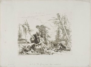 腕を鎖につながれた女性と他の 4 人の人物、『カプリッチ』より 作： Giambattista Tiepolo