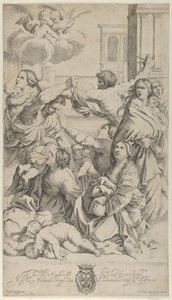 Innocents の虐殺、攻撃されている女性と子供のグループ、2 人の天使 a...、ca. 1640-70。 作： Gian Battista Bolognini