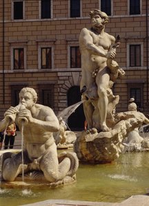 モロの泉、川の神々と怪物の詳細、16573-5の96887年の石の詳細 作： Gian Lorenzo Bernini