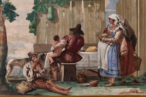フォレステリア（ゲストハウス）の素朴なシーンの部屋からのテーブルの農民家族1757（フレスコ画）