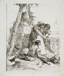 魔術師が2人の若者に燃えている頭を指摘しているc。 1740年代 作： Giovanni Domenico Tiepolo
