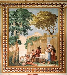 フォレステリア（ゲストハウス）の素朴な情景の部屋からのテーブルでの農民家族（ゲストハウス）1757 作： Giovanni Domenico Tiepolo