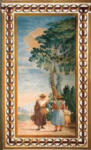 1757年、フォレステリアで素朴な風景の部屋の後ろから見た3人の農民 作： Giovanni Domenico Tiepolo
