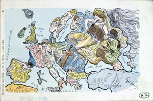 ヨーロッパの国を女性のヨーロッパとして描いたポストカード 作： Gil Baer
