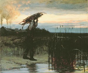 1879年の夕暮れ時に棒を運ぶ男