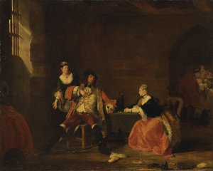 「物乞いのオペラ」でポリーとルーシーに叱責されるマクヒース大尉、1826 年 作： Gilbert Stuart Newton