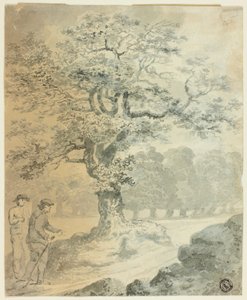 2人の男性像のある風景