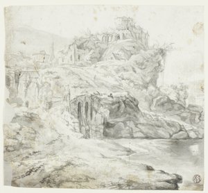 廃墟と滝のある岩の岬（レクト）；建物のある崖のスケッチ（裏面） 作： ジャイルズ・エドメ・プティ