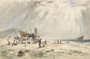 ビーチでのフィッシュマーケット（紙の上のグラファイト上のトイレ） 作： Giles Firman Phillips