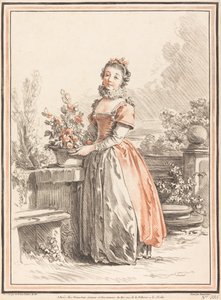 公園に立っている若い女性 作： Gilles Antoine Demarteau after Jean Baptiste Le Prince