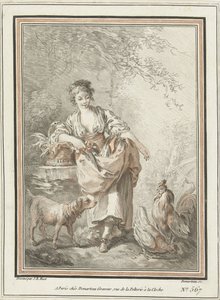 犬と鶏と鶏を持つ若い女性 作： Gilles Demarteau