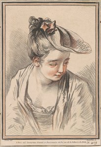 帽子をかぶった若い女性の頭 作： Gilles Demarteau the Elder after Antoine Watteau