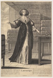 算数：テーブルに立って、数字が刻まれたシートを持っている若い女性...、1633-35。 作： Gilles Rousselet