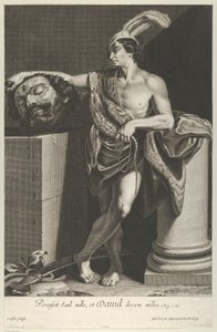 ダビデは足を組んで立ち、ゴリアテの頭を台座の上に置いています。 1635-45。 作： Gilles Rousselet