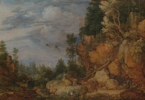 鹿とヤギのいる岩の多い風景 作： Gillis Claesz de Hondecoeter