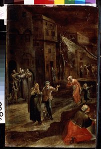 ""Street scene at night"" (町の夜のシーン) オランダの都市の住民は脅威から逃れるように見え、走って家に逃げ込み、恐怖と苦悩の印象を与えます。 Gillis Mostaert (1534-1598) の絵画 リヴィウ、B 博物館 作： Gillis Mostaert