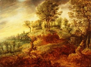 森の中の風景で、道には馬車が、その向こうには教会がある 作： Gillis Neyts
