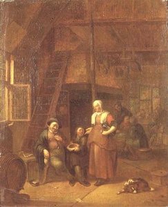 給仕の女性にお金を払う男性がいる旅館の室内 作： Gillis de Winter