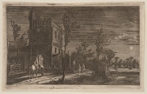 老朽化した塔のそばの人物：月夜の夜想曲（「6つの風景」より 作： Gillis van Scheyndel