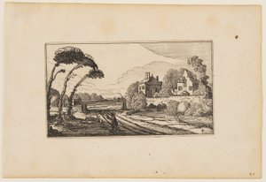 堀と塀に囲まれたカントリー・ハウスの左側の道（「人物と12の風景」より 作： Gillis van Scheyndel