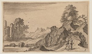 小川に架かる木製の橋の上の3人の歩行者（『12の風景』より 作： Gillis van Scheyndel