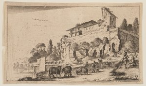 河の右の高台にある廃墟を取り込んだヴィラ（『12の風景』より 作： Gillis van Scheyndel