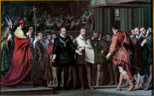 スペインのフィリップ2世がアンリ4世をフランスの王として認める ジロ・サン・エヴル（1791-1858）の絵画 1837年 日0,17x0,71 m 作： Gillot Saint Evre