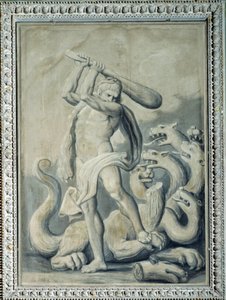 ヘラクレスがヒュドラの7つの頭を切り落とす（絵画 作： Gio Batta Celle